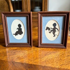 2 Vintage Framed Silhouette Boy & Girl 4"x5" Silhouette. Nursery decor.